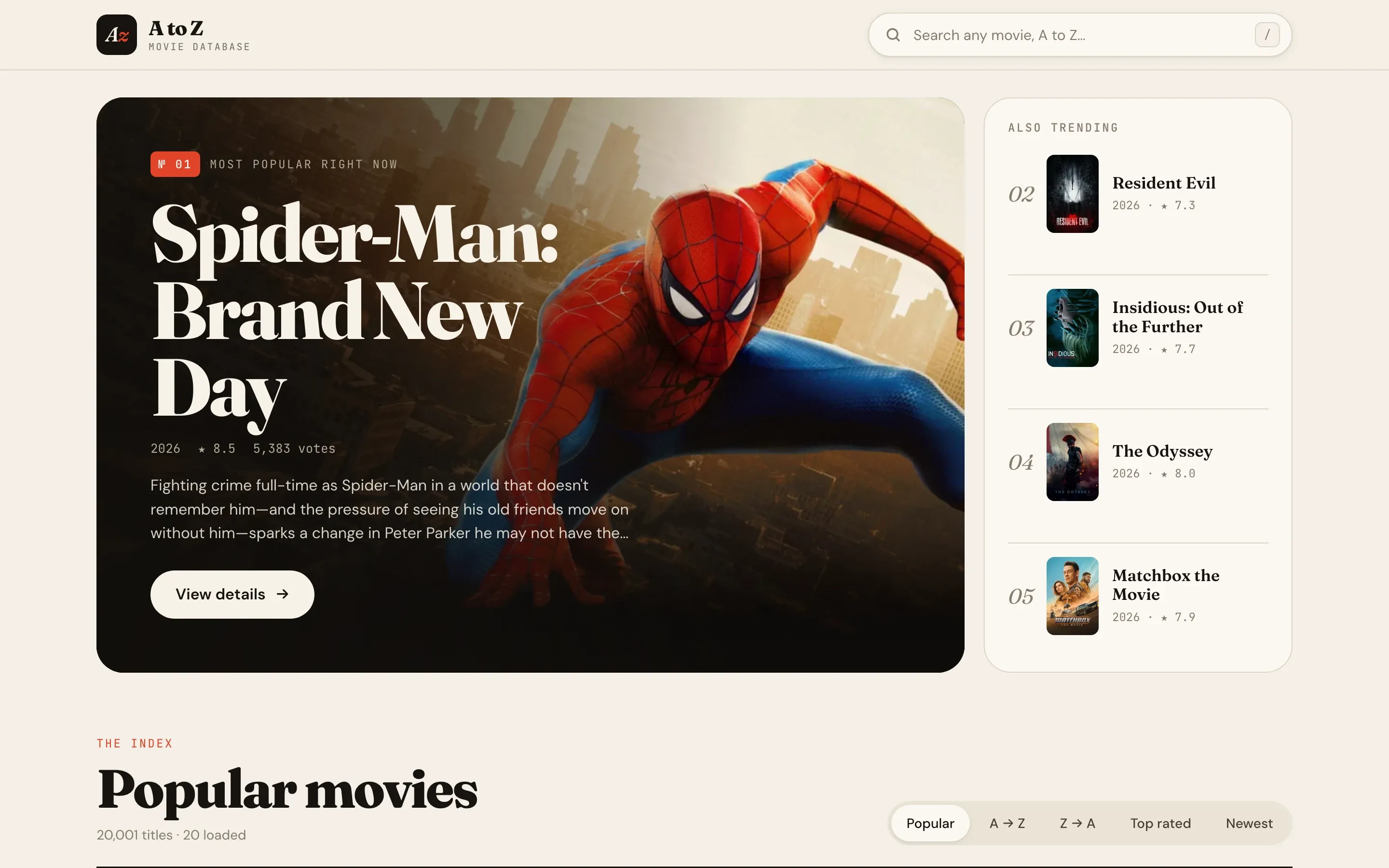 A to Z Movies homepage — featured film banner beside a trending titles list
